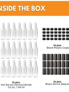 Clear Glass Hot Sauce Bottles with Black Caps and Shrink Sleeves - 24 Pack
